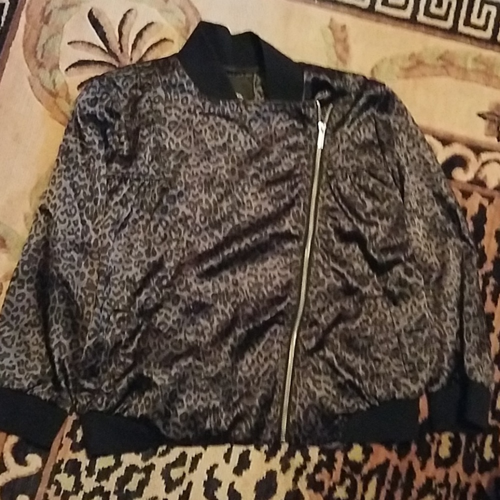 Gray, Black leopard print motorcycle style jacket